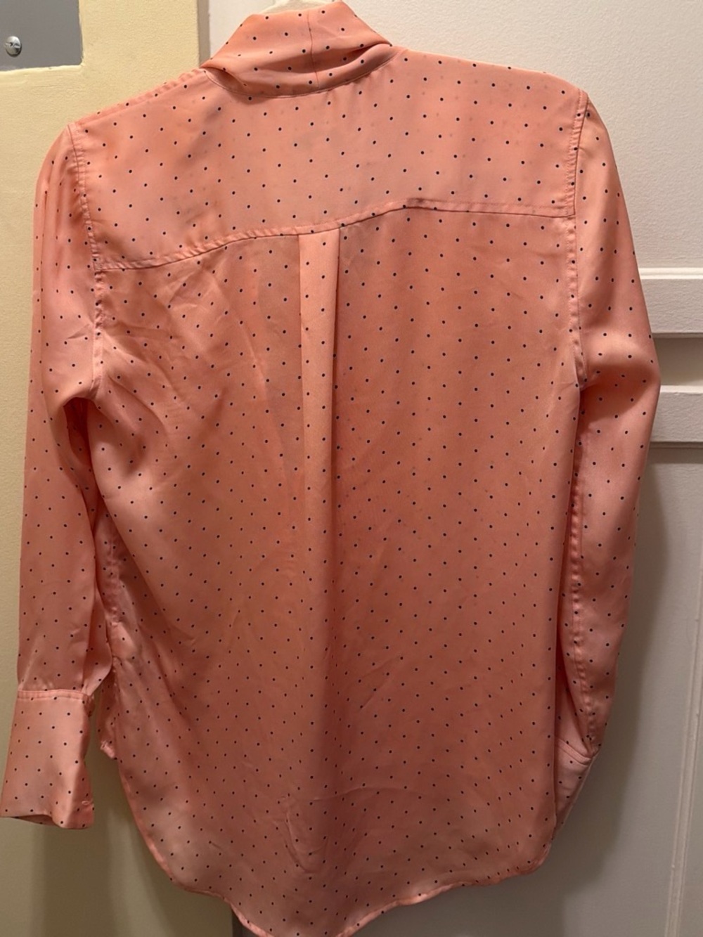 Women’s silky Pink Dot-Print Long Sleeve Shirt with scarf neck tie